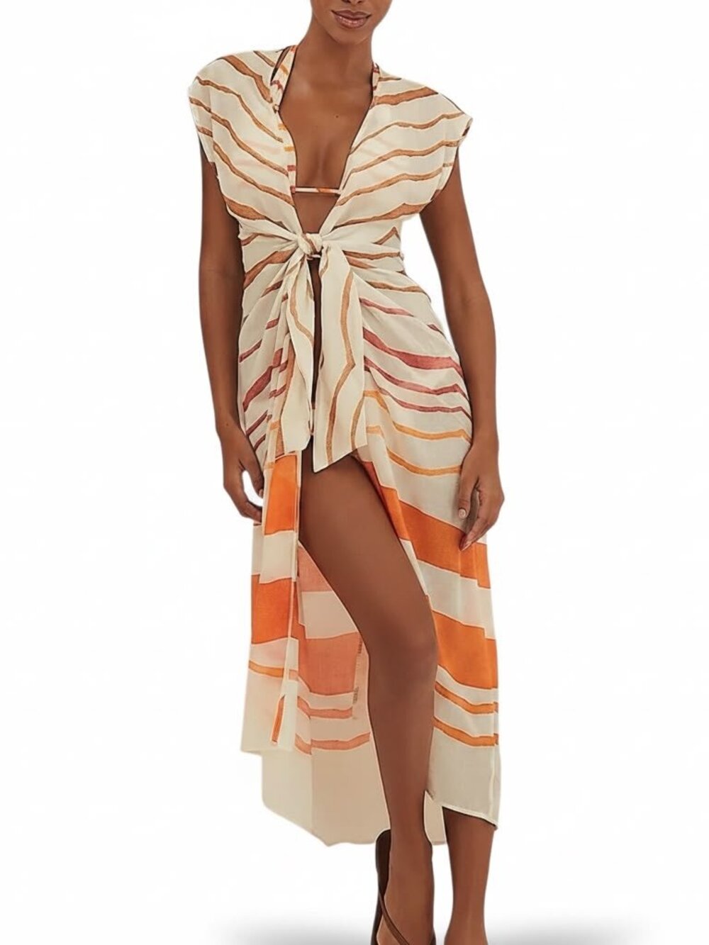 ViX Paula Hermanny Sasha Long Cover-Up Sandstone XL Tie Front Maxi Beach Dress - Picture 4 of 4